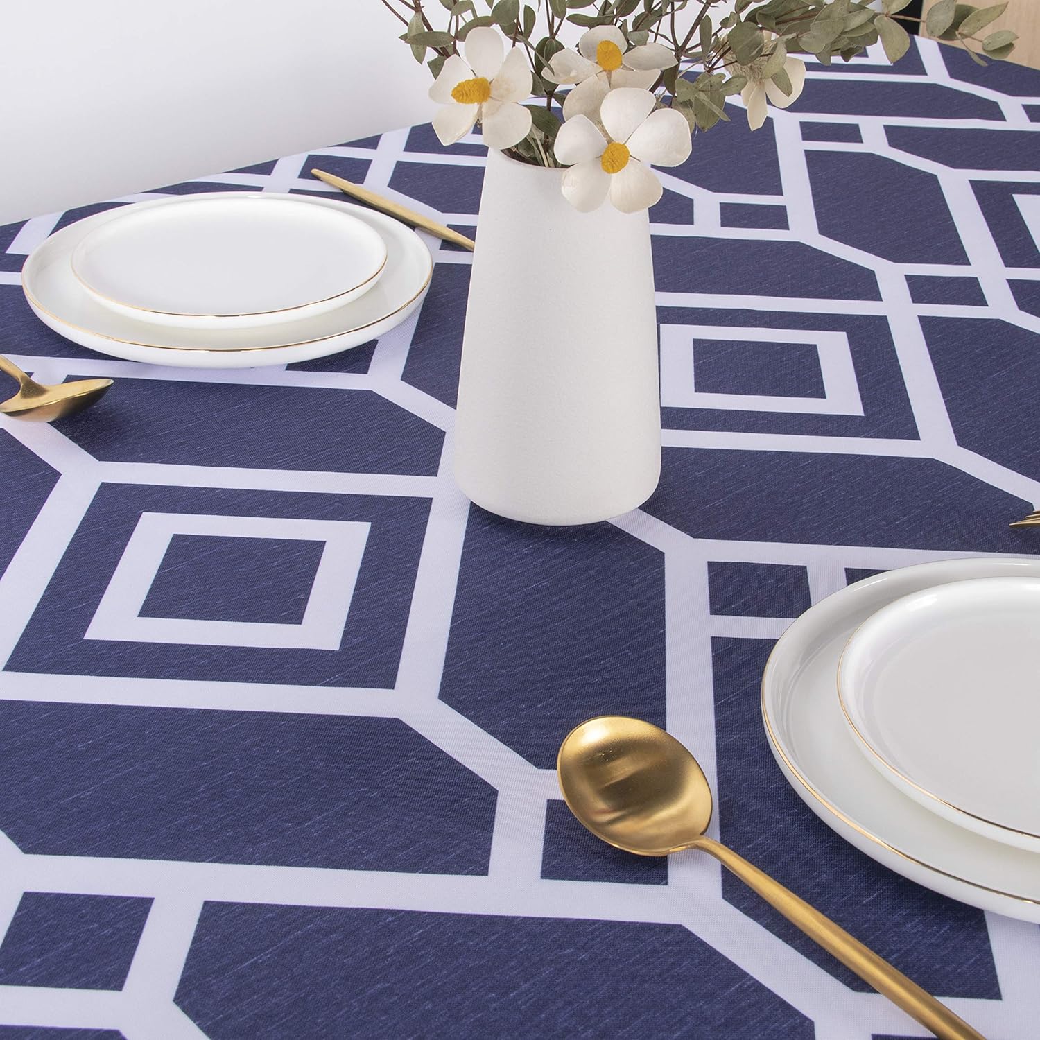 LUSHVIDA Moroccan Rectangle Table Cloth – Washable Water Resistance Microfiber Moroccan Tablecloth Decorative Table Cover for Picnic Banquet Party Kitchen Dining Room, 150 GSM (60 x 84 Inch, Navy: Kitchen & Dining