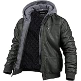CREATMO US Men's Faux Leather Jacket Motorcycle Jacket Waterproof Windproof PU Moto Vintage Bomber Hoodie with Removable Hood