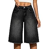 IWD Wide Leg Bermuda Jean Shorts Womens Mid Rise Stretchy Vintage Denim Y2K Shorts Raw Hem Baggy Jean Jorts