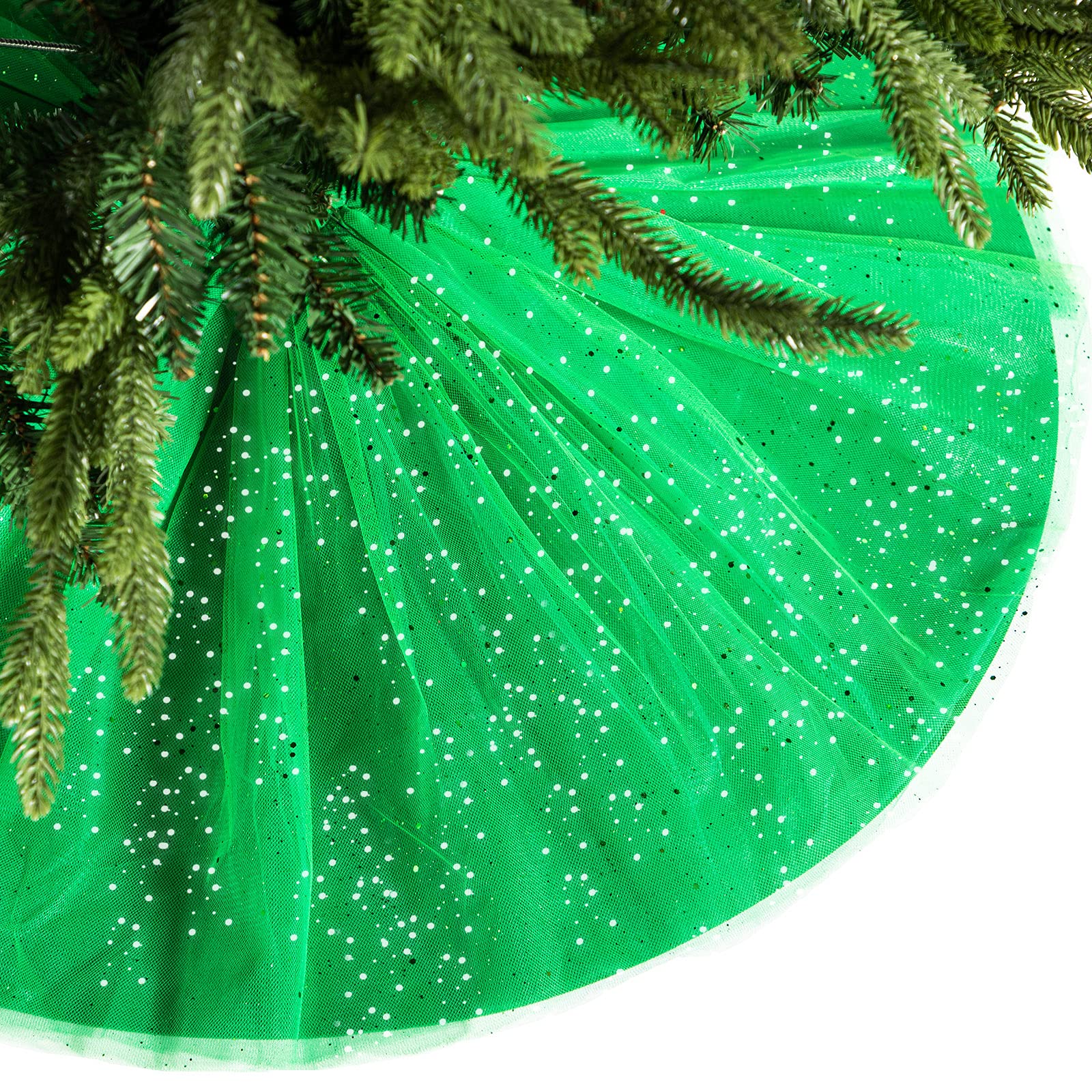 Christmas Tree Skirt Ruffle Glitter Shiny Xmas Tree Tulle Skirt Sequin Double Layers Xmas Trees Round Mat for Christmas Valentine's Day Party Decoration Indoor Outdoor (Green, 36 Inch)
