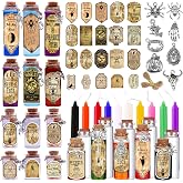 174 Pcs Apothecary Bottles with Cork, Indoor Witchcraft Supplies - Halloween Decorations with Labels, Pendants, Candles, Eye Screws, Twines for Tiered Tray Decor