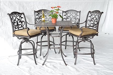 Amazon Com Mandalay Outdoor Patio 5pc Bar Set Dark Bronze Cast Aluminum Walnut Cushions Garden Outdoor