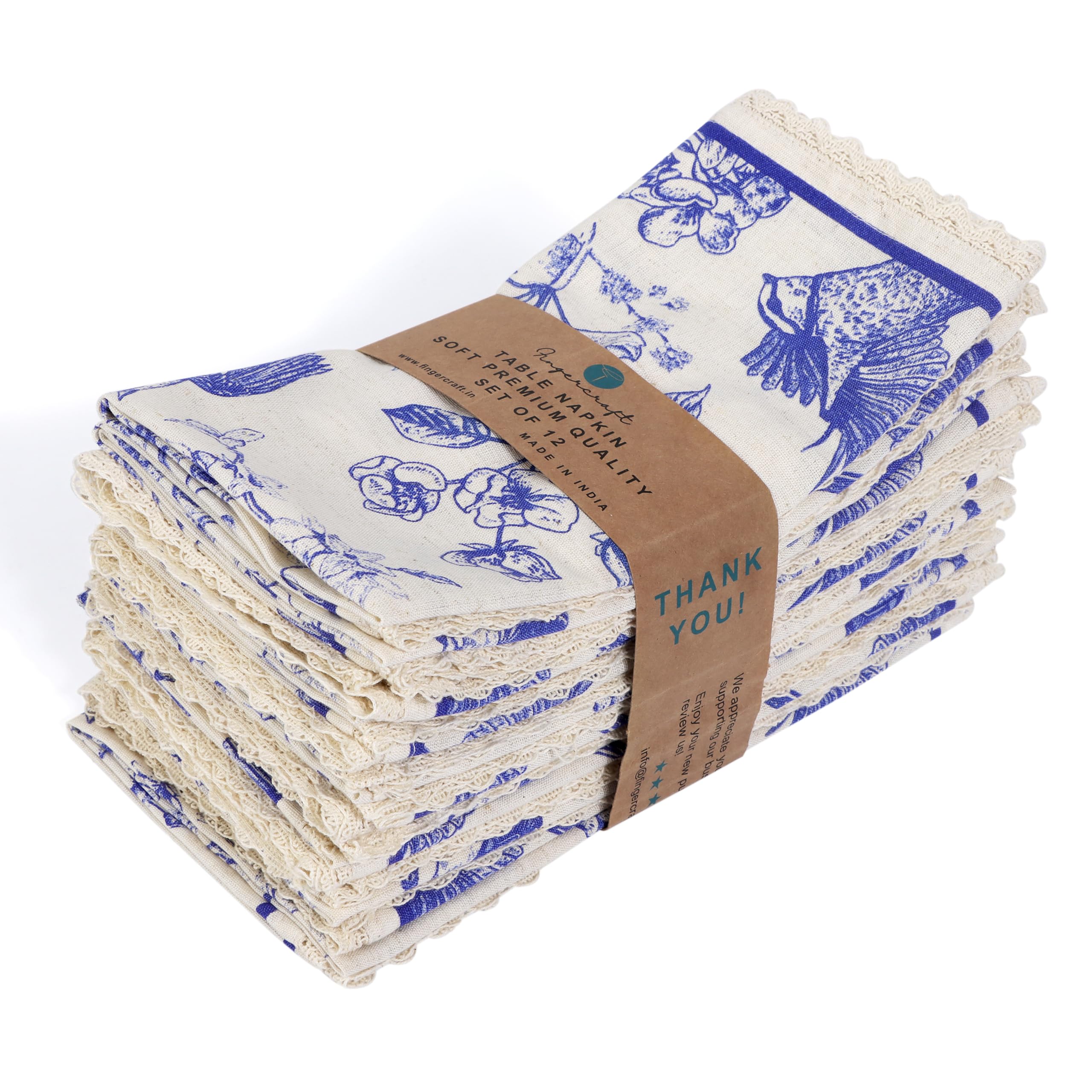 Fingercraft Dinner Cloth Napkins Cotton Blend Blue Bird Print Premium Quality Mitered Corners with Elegant Natural Lace for Every Day Use Napkins are Pre Shrunk and Good Absorbency Toile Lace