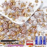60g Champagne Gold Flatback Rhinestones Half Pearls for Crafting, Mixed Size 3mm-10mm Resin Rhinestones for Bedazzling, Small Pearls for DIY Tumblers Mugs Nail Art Shoes Clothes with Glue