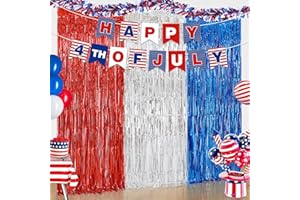 PARTY TONIGHT 4th of July Patriotic Decorations, Red White Blue Decorations, 3 Pack Tinsel Foil Fringe Curtains, Banner for Patriotic Party Indoor Outdoor
