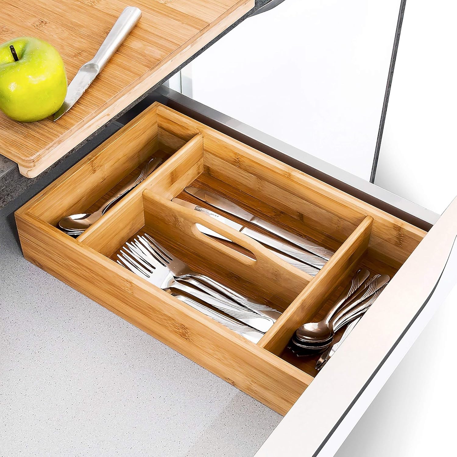 Relaxdays Kitchen Drawer Organiser with Handle, 7 x 23 x 37 cm, with 4 Compartments, Bamboo Cutlery Tray, Brown - Image 3