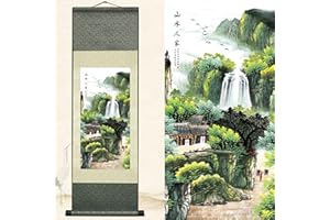 NEWSCZ News Asian Wall Art for Living Room Vertical Wall Scroll Silk Scroll Painting Landscape Painting Art Poster - Home Nestled in Nature Oriental Chinoiserie Decor Art Mural 36 by 12 in