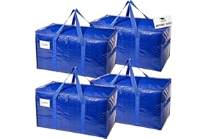 RUGGED RHINO 4 Pack Heavy Duty Extra Large Blue Moving Bags, Durable Bag with Strong Handles and Zipper, Moving Boxes Alternative for College Packing, Holiday Décor, Space Saving Storage with Label
