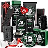 Bossman Big Boss Beard Care Kit for Men - 7 Piece Beard Grooming Kit with Jelly Beard Oil, Beard Conditioner, Beard Balm, MUDstache Wax, Bar Soap, Metal Comb, Brush - Gift Set for Men (Vetiver X)