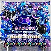SNLN Video Game Birthday Decorations for Boys, Happy Birthday Banner Backdrop, Gaming Tablecloth, Blue Purple Balloon Arch Kit, Cake & Cupcake Topper, Kid Gamer Birth day Decorations Party Supplies