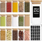 ComSaf 16Pcs Glass Spice Jars 300ml Bamboo Lids Airtight Square Containers