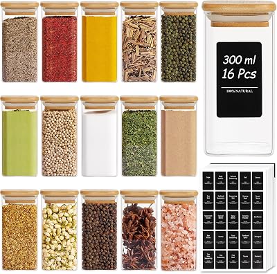 ComSaf 16Pcs Glass Spice Jars 300ml Bamboo Lids Airtight Square Containers