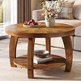 TRIBEWOOD Solid Wood Round Coffee Table, 2-Tier Center Table with Storage | 31.5" Wood Tabletop with Mosaic Pattern, Scratch-Resistant, Farmhouse Coffee Table for Living Room, Easy Assembly, Brown