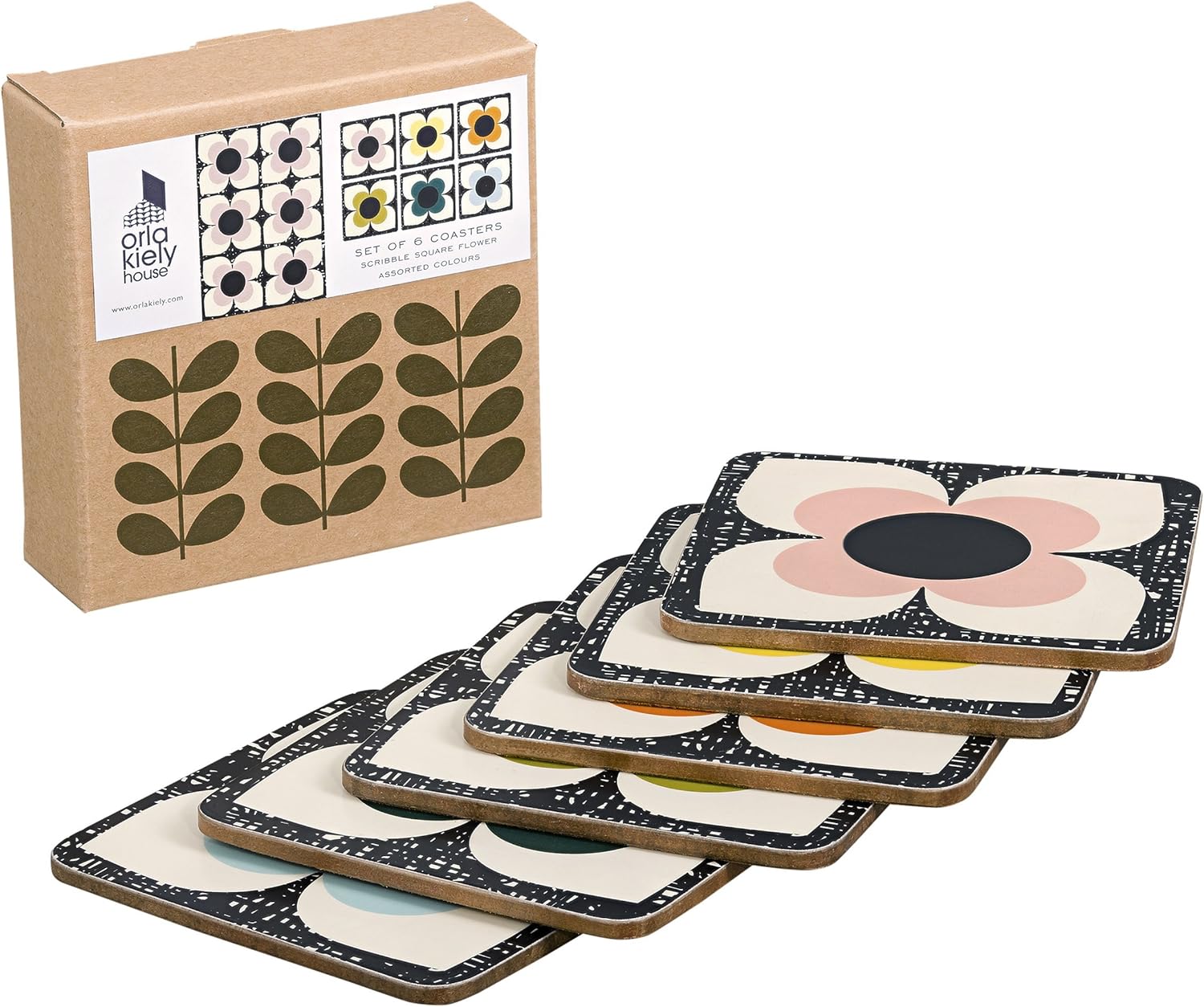 Orla Kiely Set of 6 Coasters Scribble Square Flower Design Heat