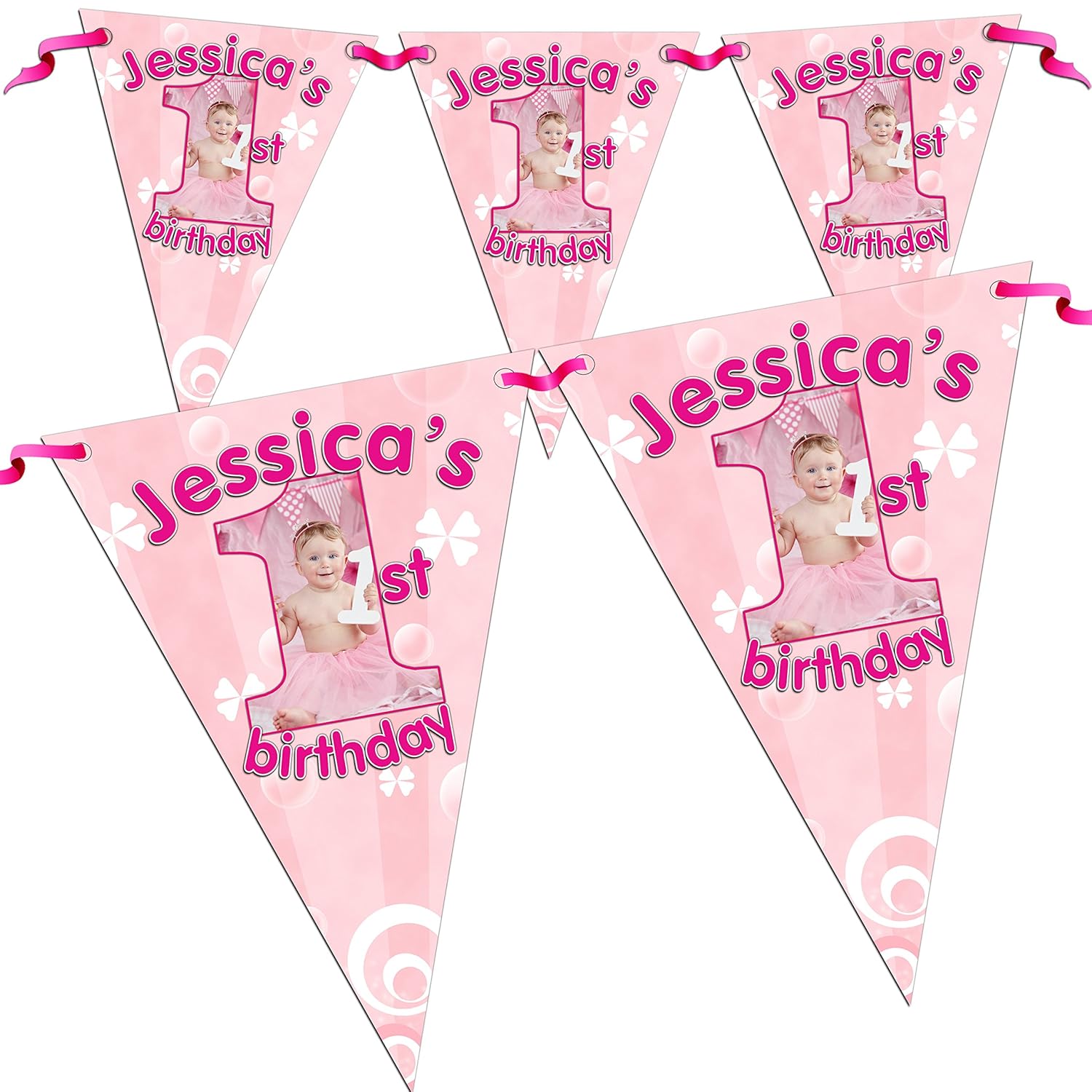 Personalised Girls First 1st Birthday Photo Flag Banner Bunting