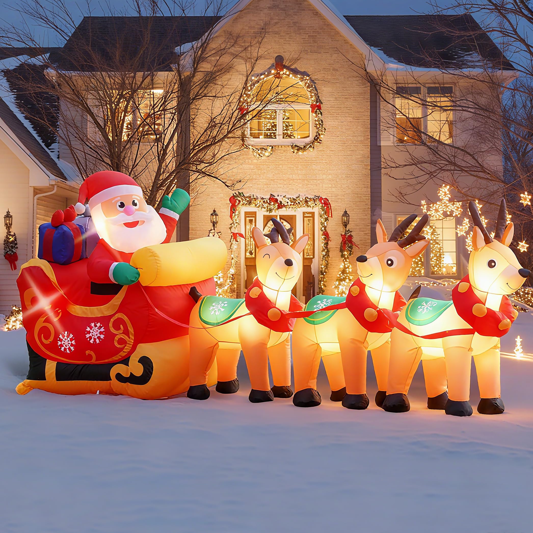 Photo 1 of 10FT Christmas Inflatables Santa and Reindeer,Blow Up Santa Sleigh and Reindeer Outdoor Decorationwith Built-in LED Lights for Indoor, Cute Blow Up Santa Gifts Perfect for Lawn, Garden, Patio