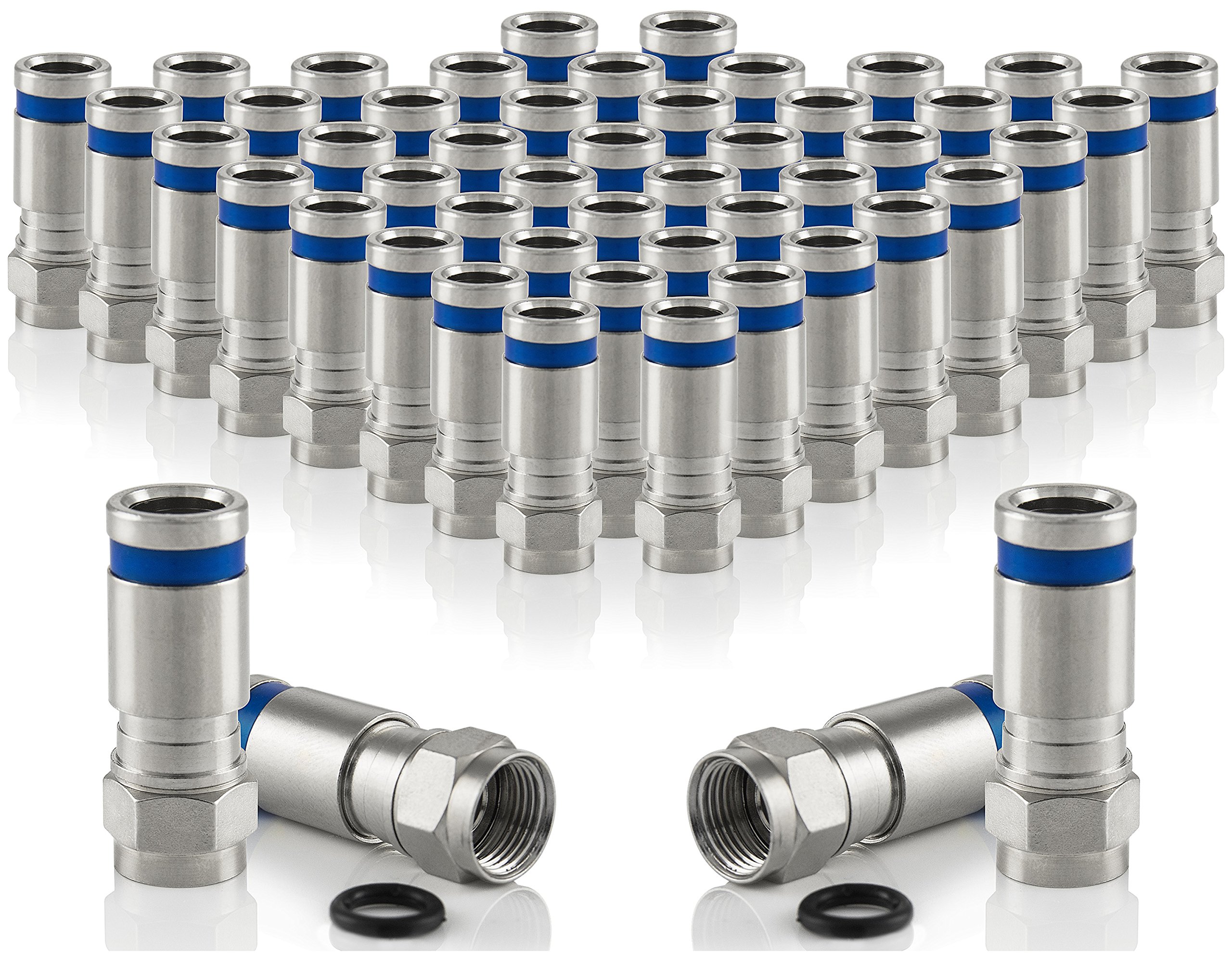 POPPSTAR 50x F-Quick Mount Compression Connectors, Silver, for Coaxial Cable up to 7.5mm, Weather Resistant, Compatible with Satellite Dish, Antenna, LNB, LNBF, LNC, BNC