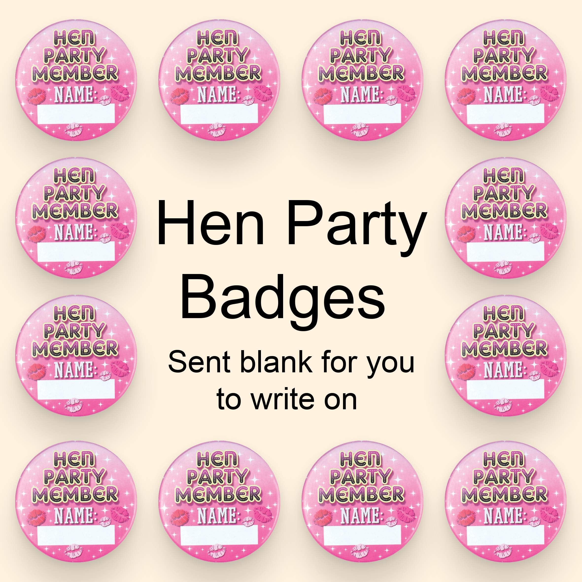 12 x Hen party badges ideal for any Hen Party- personalised yourself with names