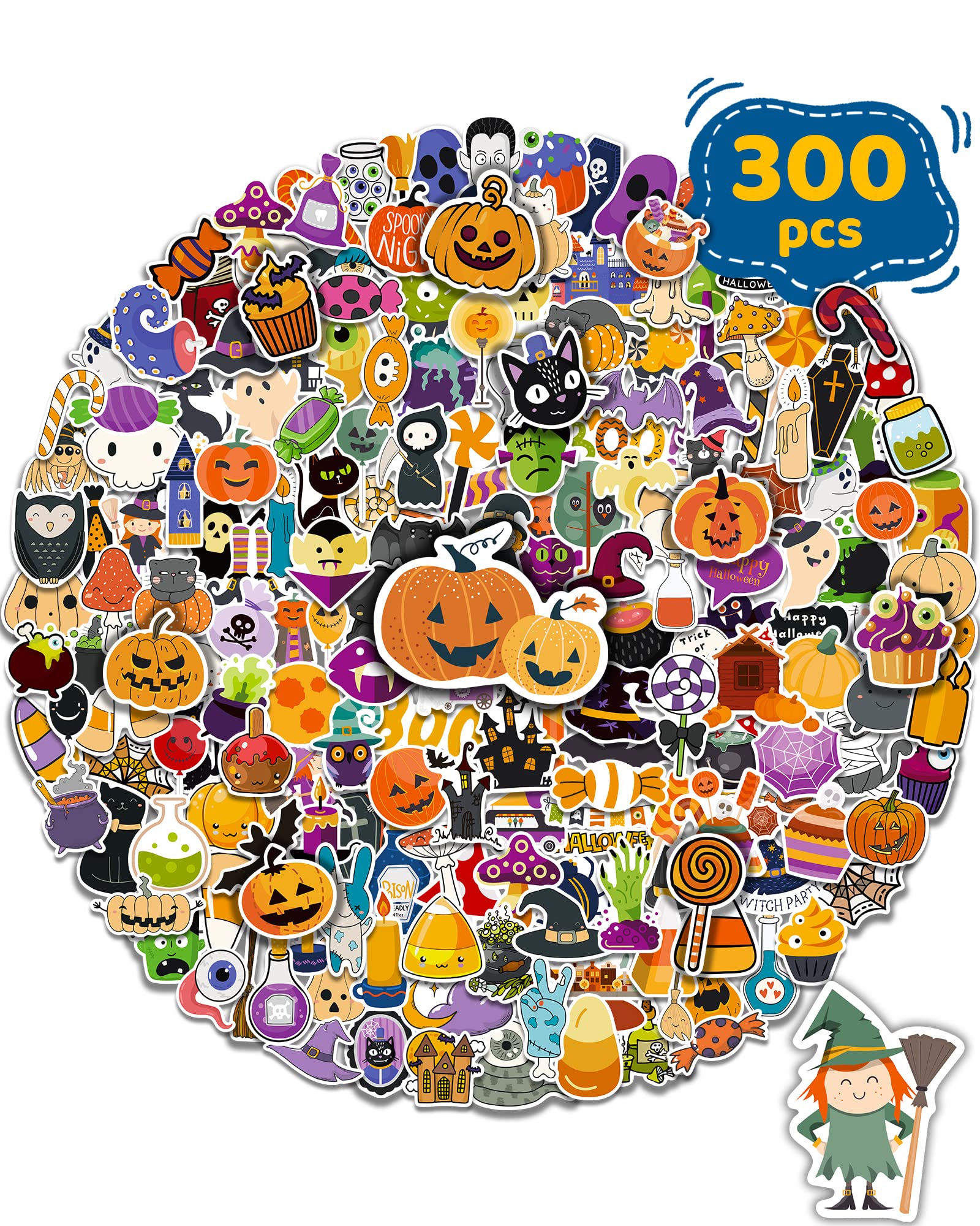Photo 1 of 300 PCS Halloween Pumpkin Stickers, Vinyl Waterproof Stickers for Water Bottles Laptop Skateboard Computer, Halloween Party Favors Gifts Funny for Kids Teens Adults