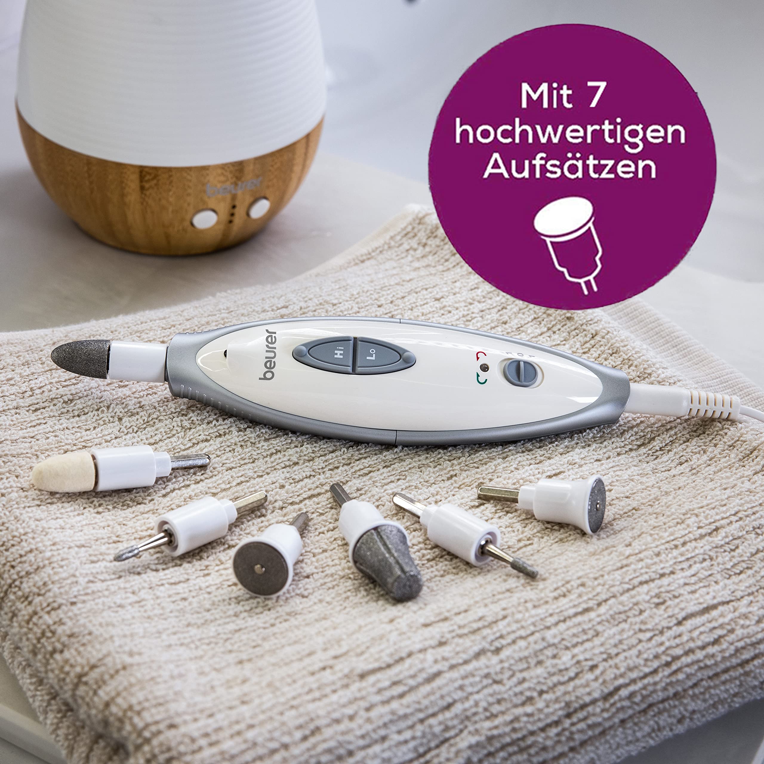 Beurer MP 41 Maniküre-/ Pediküreset, elektrische Nagelfeile mit 7 Aufsätzen, helles LED Licht, Nagelfräser für gepflegte Nägel, mit Aufbewahrungstasche, Nagelpflege für Hände und Füße, Weiß 2