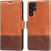 KEZiHOME for Samsung S22 Ultra Case, Genuine Leather [RFID Blocking] Galaxy S22 Ultra Wallet Case Card Slot Flip Magnetic Stand Phone Cover Compatible with Galaxy S22 Ultra (2022) (Khaki/Brown)