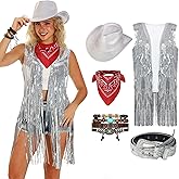 GERVAISE Womens Western Cowgirl Costume 70s Hippie Tassels Fringe Vest outfit Hat 5pcs