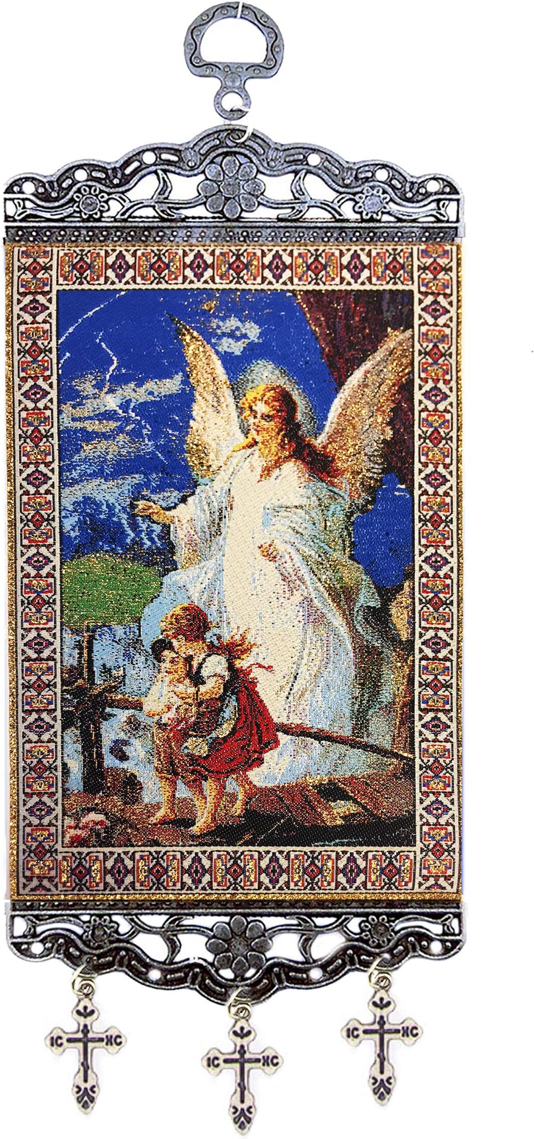 World Faith Tapestry Icon Banner Guardian Angel with Children Tapestry Icon Banner Textile Art 9 3/4 x 3 7/8 Inches