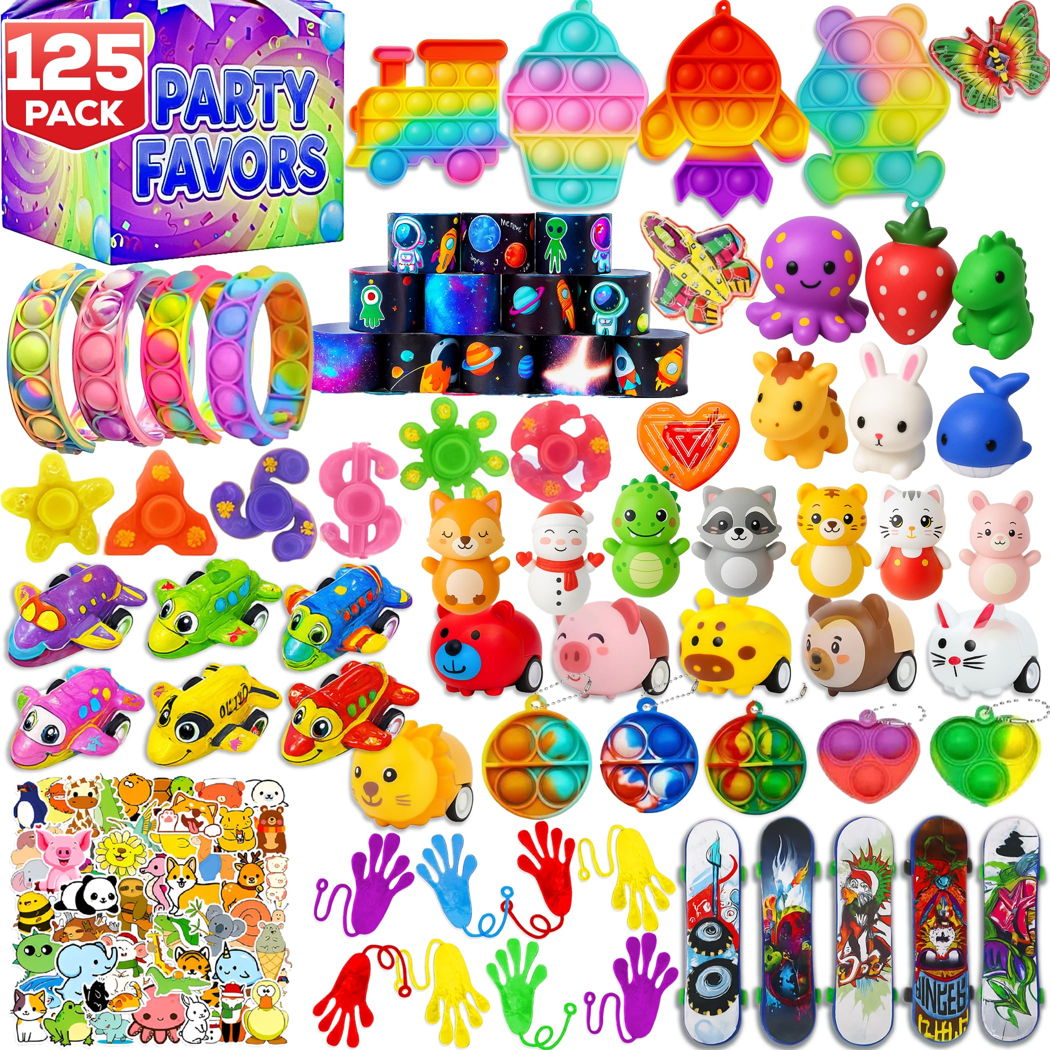 Photo 1 of 125 Pcs Party Favors Fidget Toys Pack, Randomly Selected Pop Sensory Set Gifts Stickers for Kids Adults Boy Girl Stocking Stuffers Autistic Bulk Goodie Bag Filler Treasure Box Classroom Prizes School