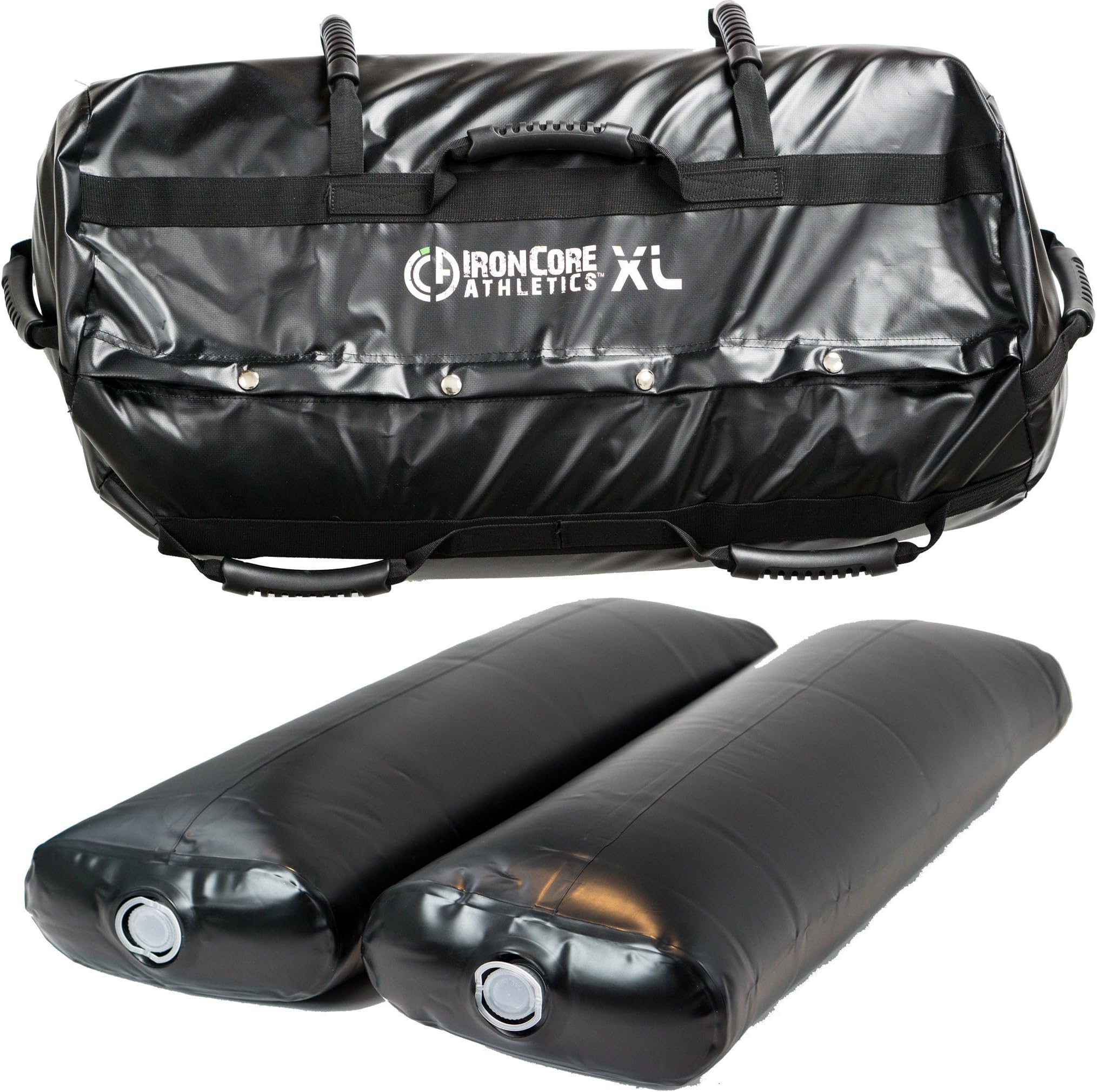 Iron Core Athletics Black Sandbag Training Fitness Workout System - Heavy Duty Crossfit Sandbag with Seven Handles - With Leak Proof Universal Fillers can be used with Sand or Water - XL, Large, and Medium Sizes
