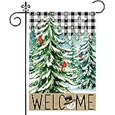 Winter Garden Flag, Welcome Winter Flags 12x18 Double Sided, Christmas Tree with Black White Buffalo Plaid Cardinal Burlap Vertical Seasonal Small Yard Flag Decorations Signs for Outdoor Outside