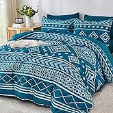 Yiran Teal Blue Comforter Set Queen Size, 7 Piece Boho Aztec Bedding Set, Geometric Bed in a Bag Queen, Soft Microfiber Bohemian Striped Complete Bedding Set with Sheets for All Season