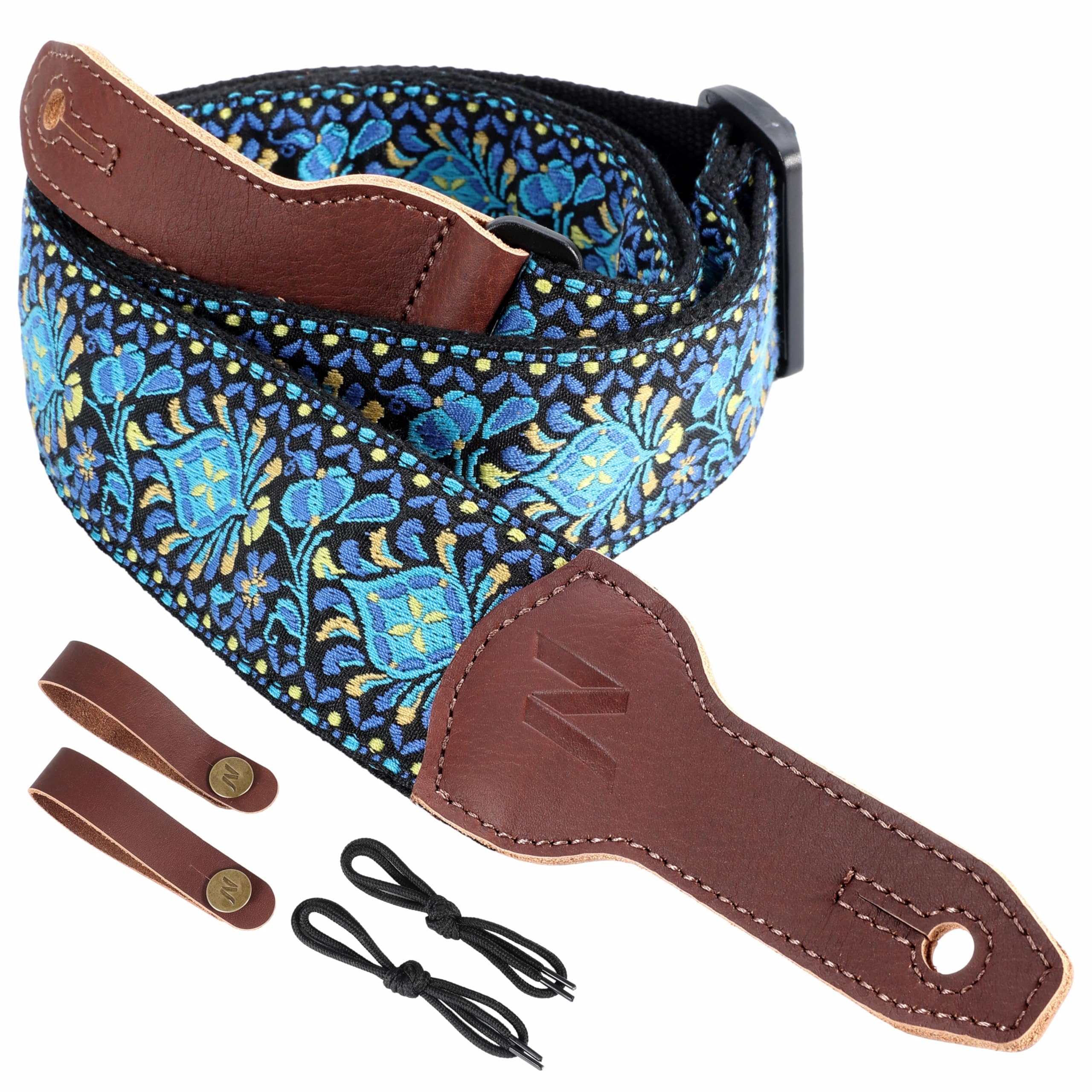 Nefelibata Banjo Strap, 2"Wide Full Grain Cowhide Guitar Strap Adjustable Replacement,Multi-pattern Guitar Strap With Headstock Rope and Leather Headband(Blue Flower Embroidery)