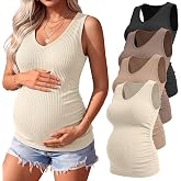 JoyMotion 4 Pack Women's Maternity Pregnancy Tanks | V-Neck Ribbed Maternity Tank Tops, Sleeveless Side Ruched Summer Mama T-Shirts, Casual Layering Comfortable Pregnant Clothes