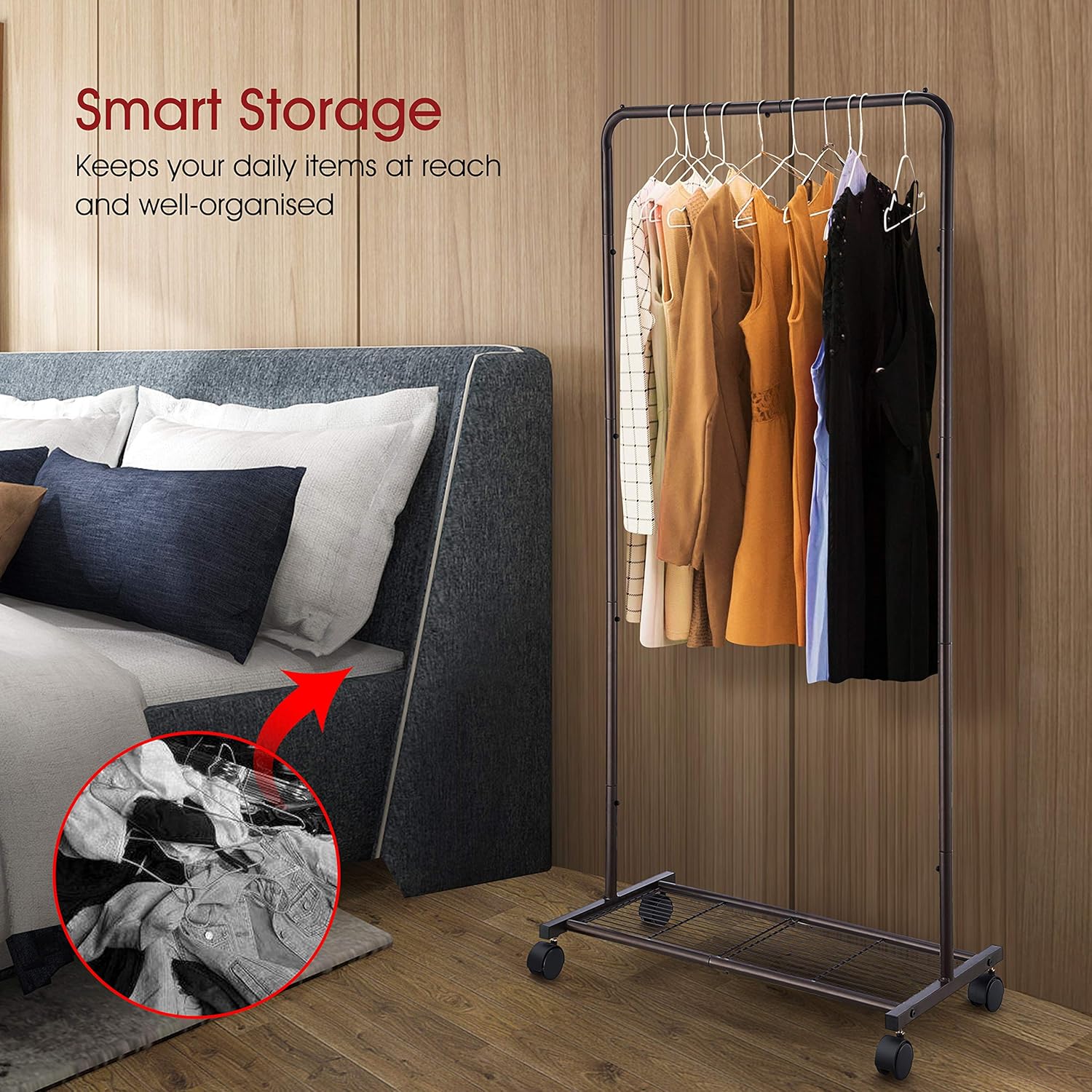 Simple Trending Standard Clothes Garment Rack, Clothing Rolling Rack with Mesh Storage Shelf on Wheels, Bronze: Home Improvement