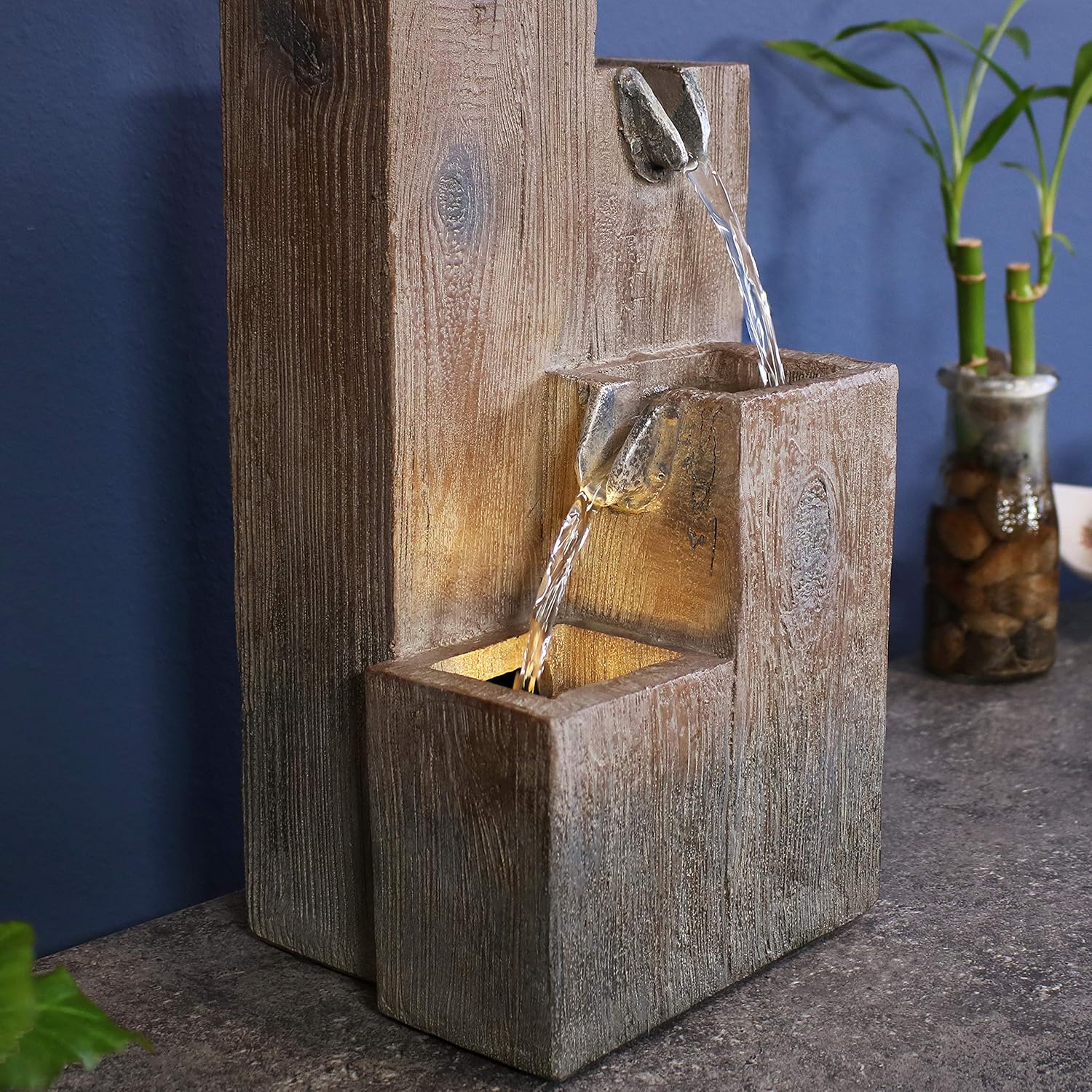 Sunnydaze 13-Inch Faux Wood Tiered Columns Indoor Tabletop Water Fountain with LED Light - Mini Interior Water Feature for Home and Office - Small Decorative Fountain: Kitchen & Dining