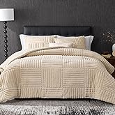 Amélie Home Queen Comforter Set with Stripe Jacquard Design in Khaki, Super Warm Fluffy Plush Bedding Set for Winter, 3 Pieces Including 1 Soft Comforter and 2 Pillowcases