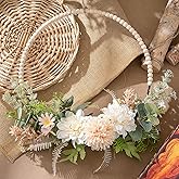 KHOYIME Artificial Flower Wreath for Front Door Floral Hoop Wreath Decor with Wood Beads Milk White Flowers Green Leaves Spring Summer Home Decor Wall Window Wedding Party Hanging Decorations