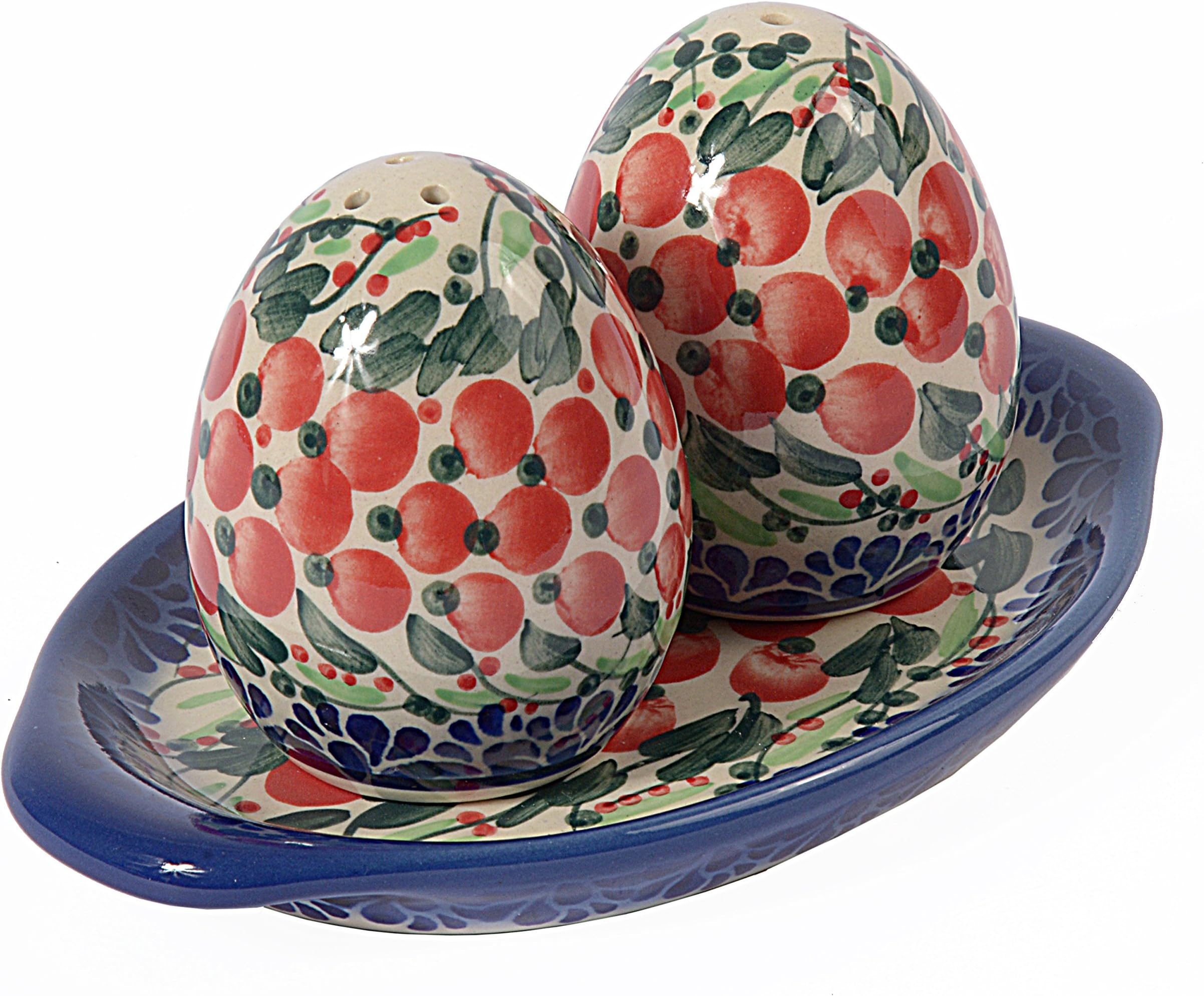 Traditional Polish Pottery, Egg-Shaped Handcrafted Ceramic Salt & Pepper Shakers with Tray (Set of 2), Height 7cm, Boleslawiec Style Pattern, P.401.Cranberry
