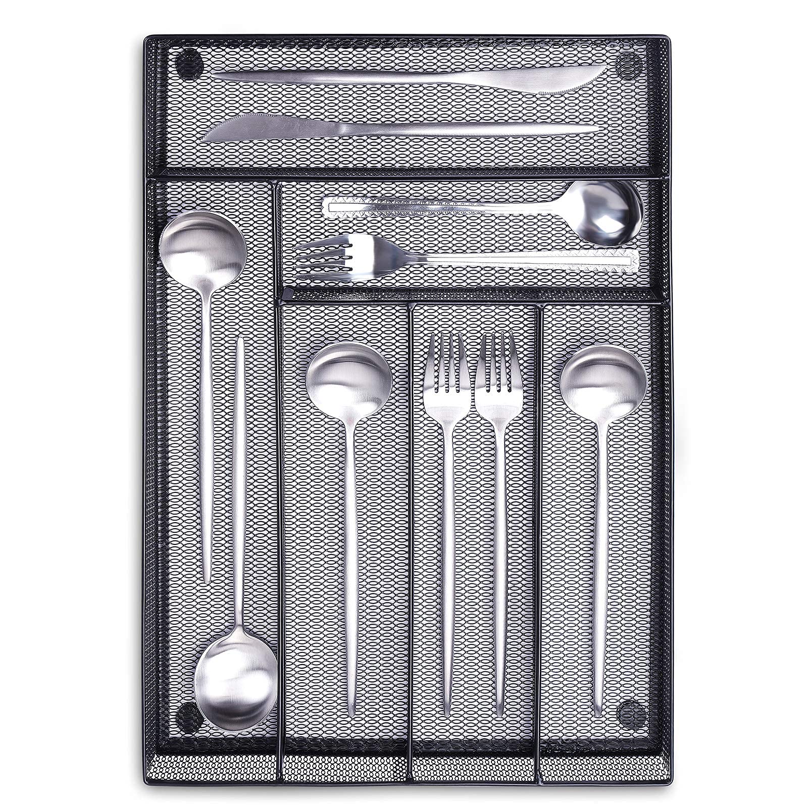 WuGeShop Metal Kitchen Cutlery Tray Organiser Rack Holder Drawer Insert Tidy Storage Non-Slip, 6 Compartments, Black