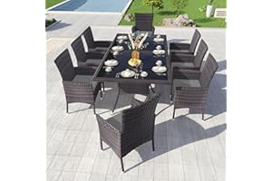 Kullavik 10-Piece Outdoor Dining Set,All-Weather Wicker Table and Chairs Patio Furniture Set for Garden with Grey Cushions,Square Glass Table Top with Umbrella Cutout,8 Chairs