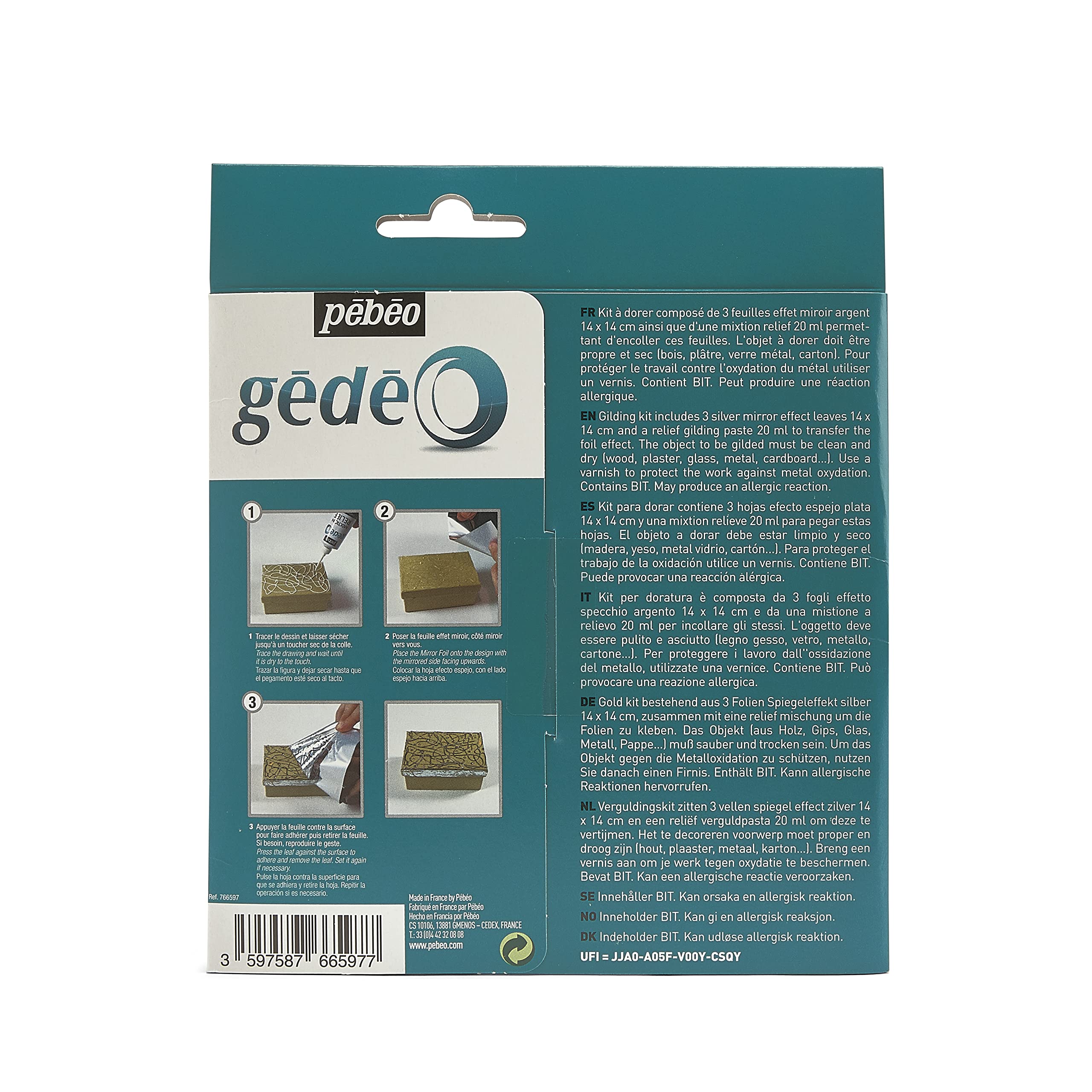 Pebeo GEDEO KIT-Mirror Effect Leaf, Silver Finish Gilding, 3 foils