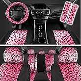 carXS Leopard Print Car Seat Covers Full Set, Includes Matching Seat Belt Pads and Steering Wheel Cover, Two-Tone Cheetah Hot Pink Seat Covers for Women, Car Seat Protector Interior Covers