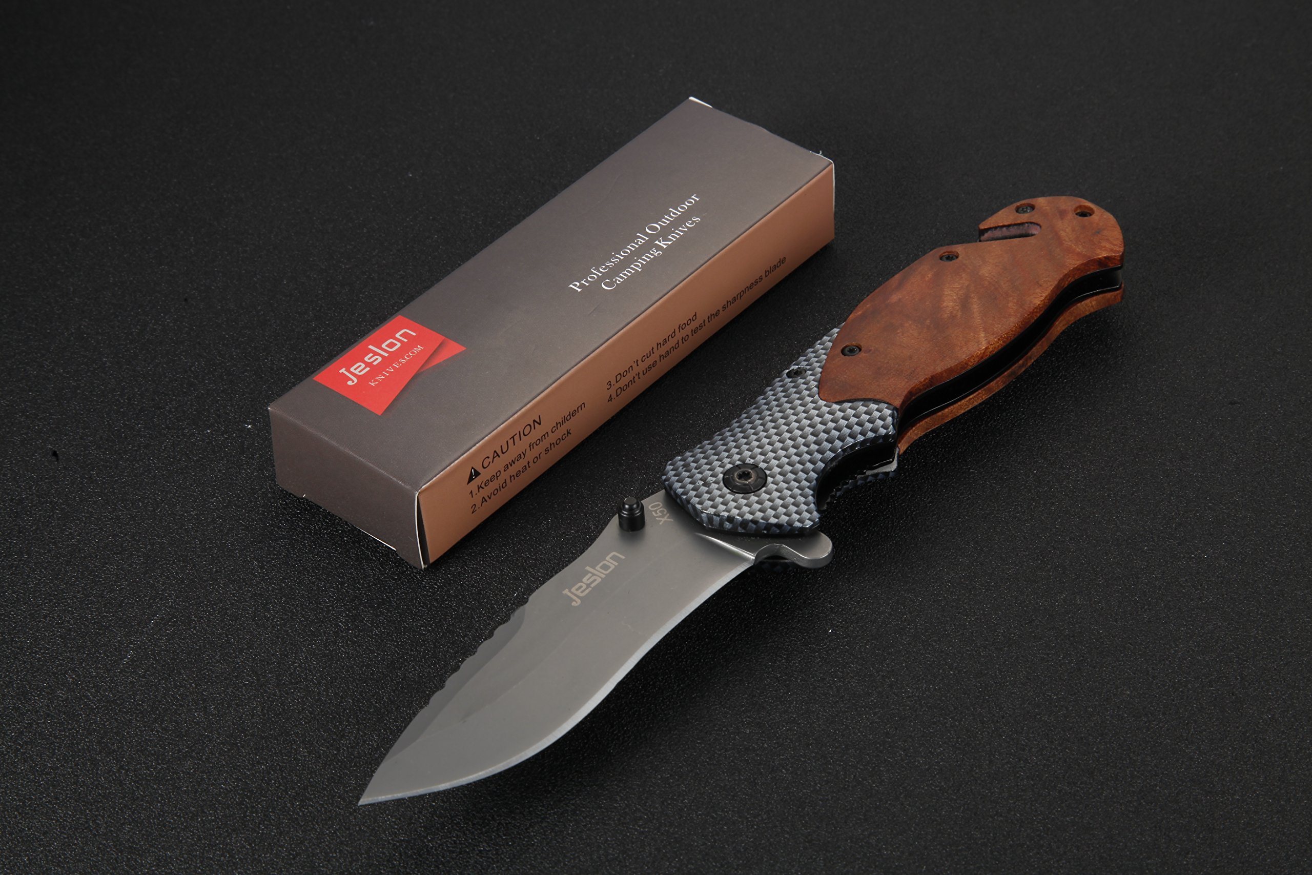 Jeslon Spring Assisted Opening Tactical Folding Pocket Knife, Wood Handle 440C 57HRC Blade Good for Camping Survival and outdoor Activities.