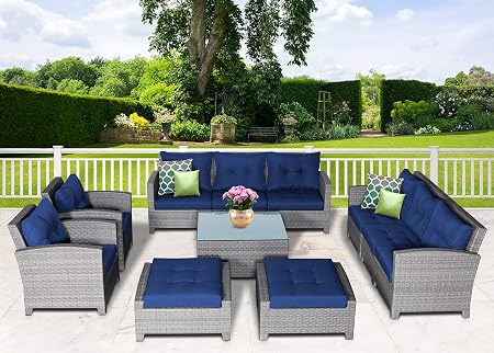 Amazon Com Sunhaven Resin Wicker Outdoor Patio Furniture Set 11 Piece Conversation Sectional Premium All Weather Gray Wicker Rattan Aluminum Frame With Deluxe Fade Resistant Blue Olefin Cushions Stamford Garden Outdoor