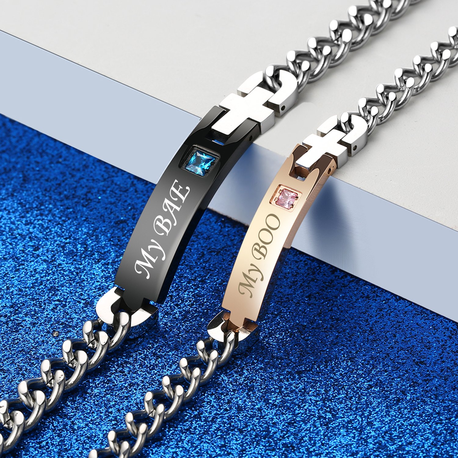 Gagafeel His Only Her One Stainless Steel Chain Couple Bracelet Gift Set for Lover (My BAE My BOO)