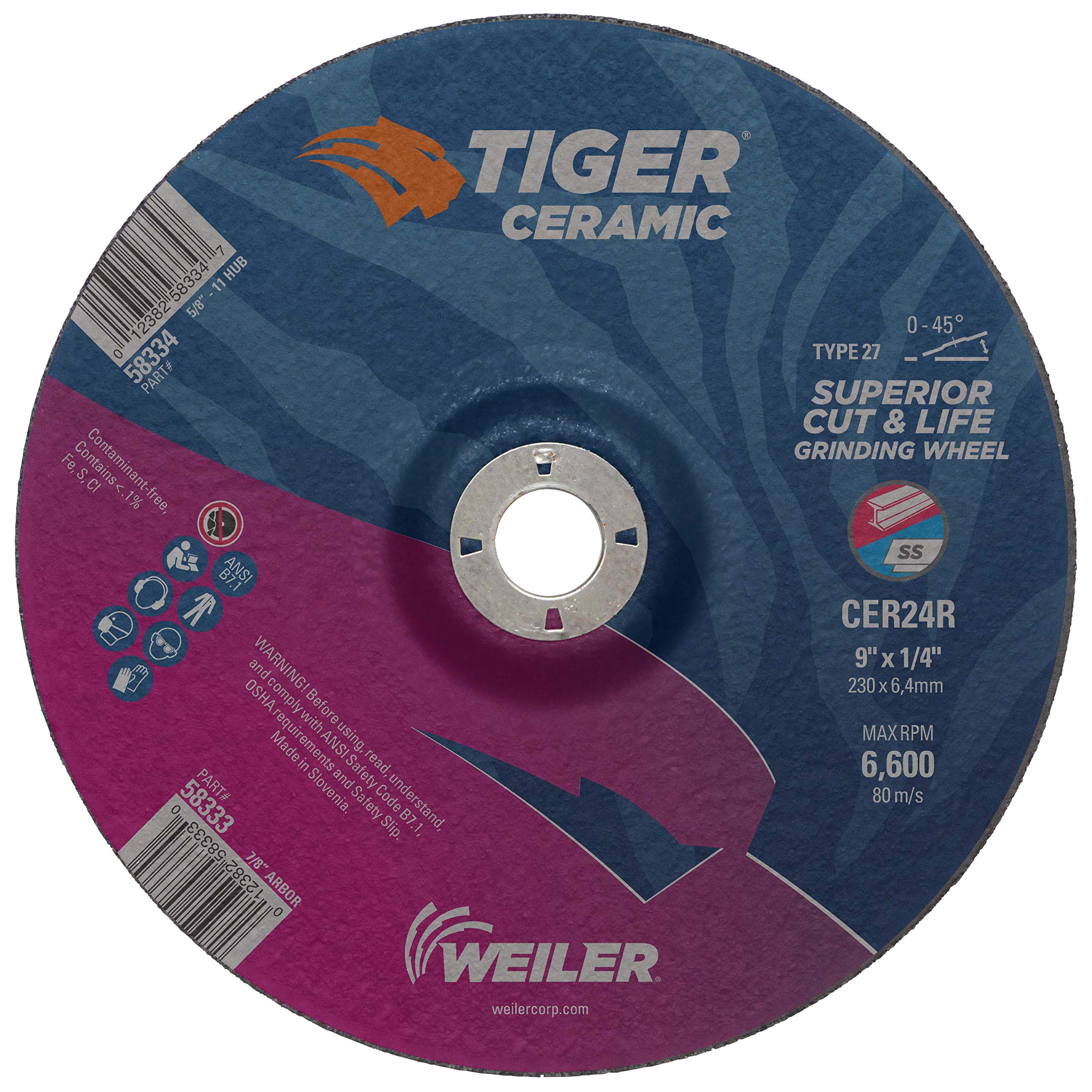 Weiler 58333 9 x 1/4 Tiger Ceramic Type 27 Grinding Wheel CER24R 7/8 A.H (Pack of 10)