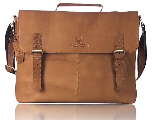 WILDHORN Mens Brown Tan Vintage Leather 15.6 Inch Laptop Messenger Bag