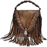 ZLYC Women's Leather Bamboo Hand Strap Featured Fringe Bohemian Tassel Studed Cross Body Bag