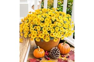 INSPRING Daisy Artificial Flowers for Outdoors Fall Autumn Decoration, 6 Bundles Fake Mums Yellow Silk Flowers for Outside Look Real UV Resistant Faux Flowers Plants for Planter Front Door Home Indoor Porch