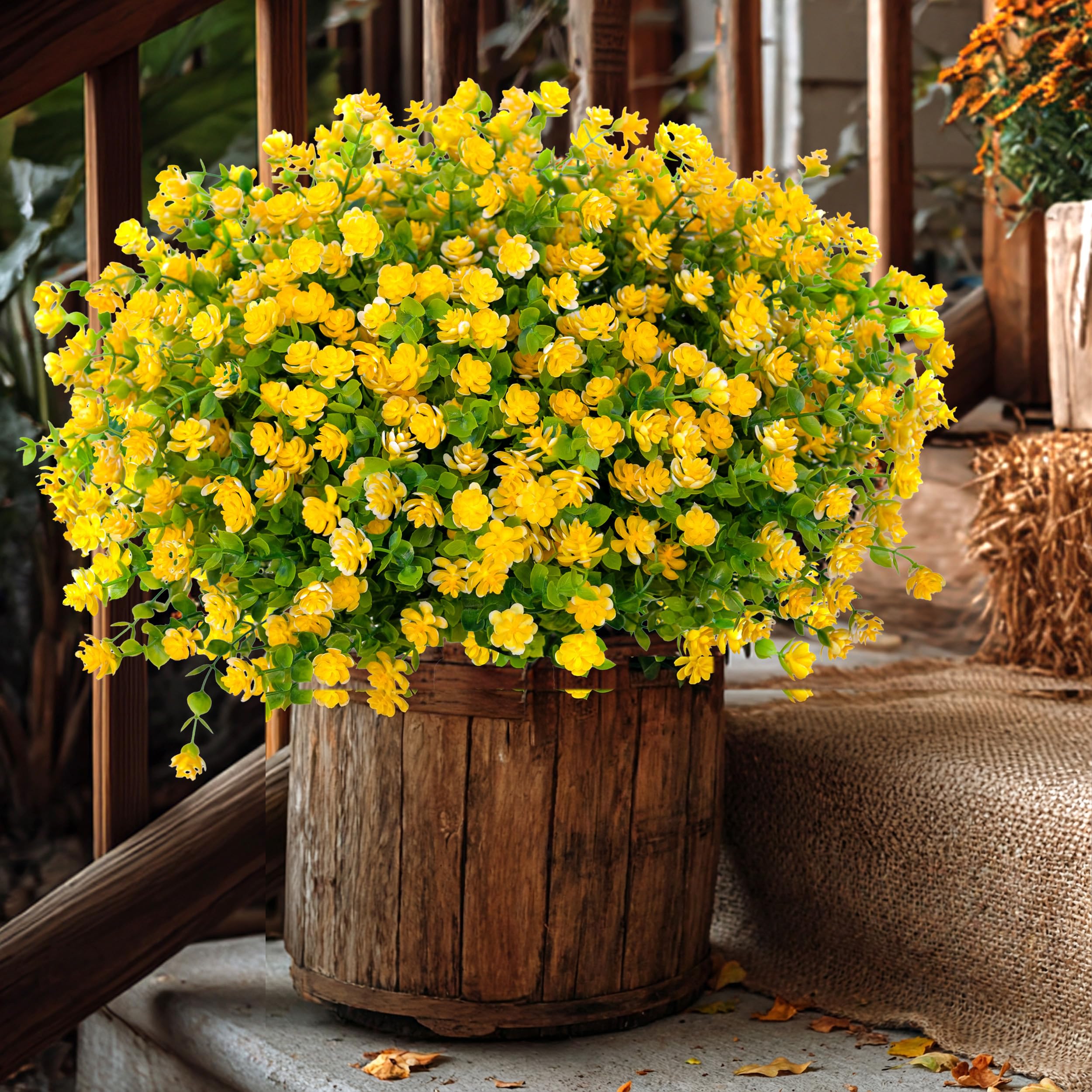 Artificial Flowers for Outdoors UV Resistant - 12 PCS Bundles Faux Fake Outdoor Plants Plastic Shrubs No Fade Fall Greenery Bushes Home Porch Boxwood Outside Fake Mums Decoration Garden (Yellow)